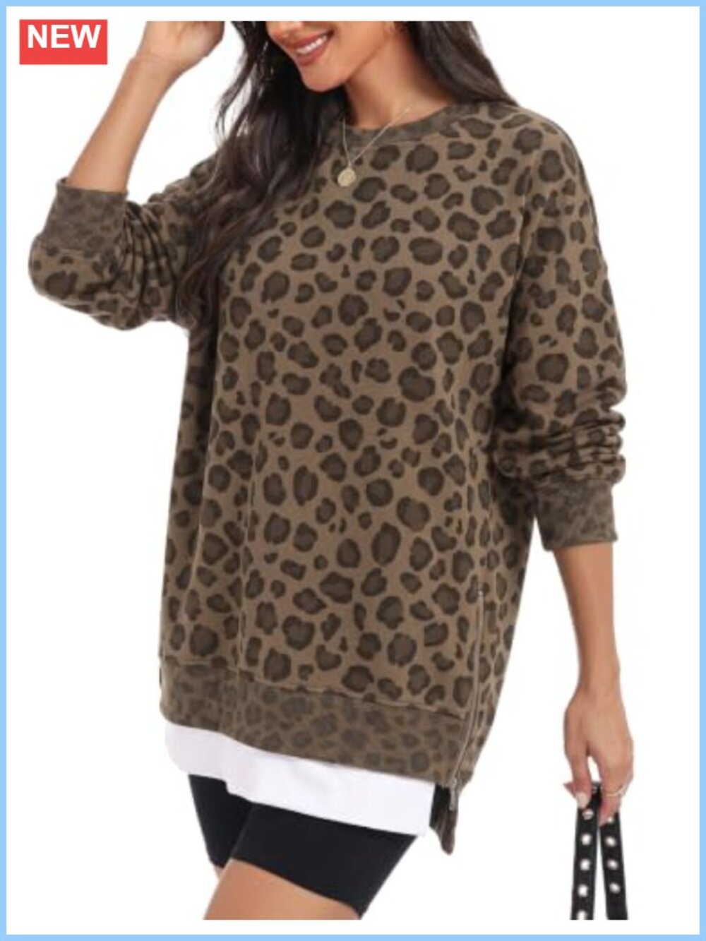 LOMON Oversized Crewneck Sweatshirt Tunic Pullover Side Zip Hem
